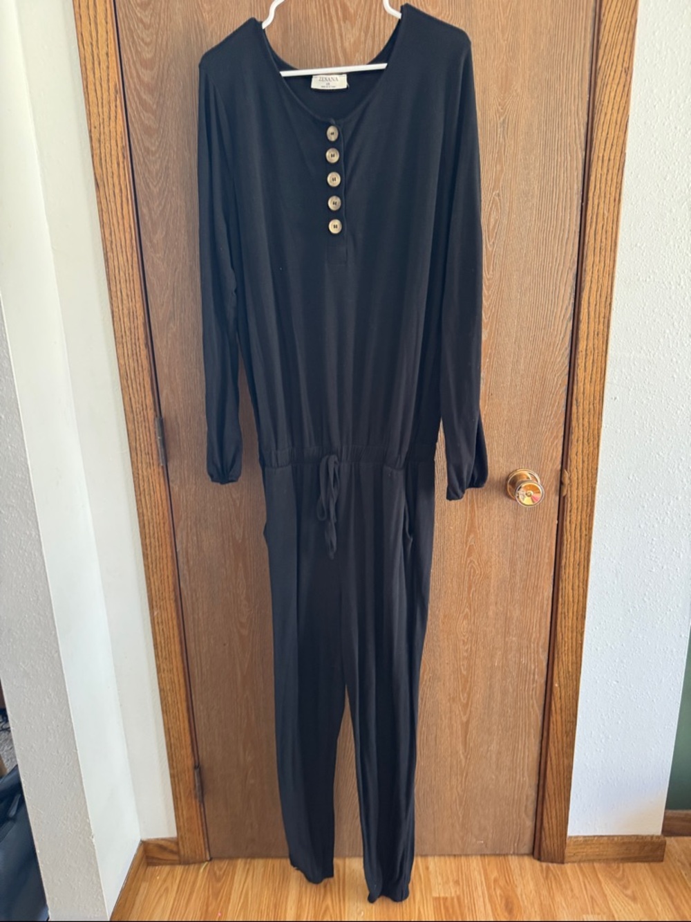 Zenana Outfitters Black Long-Sleeve Henley Jumpsuit